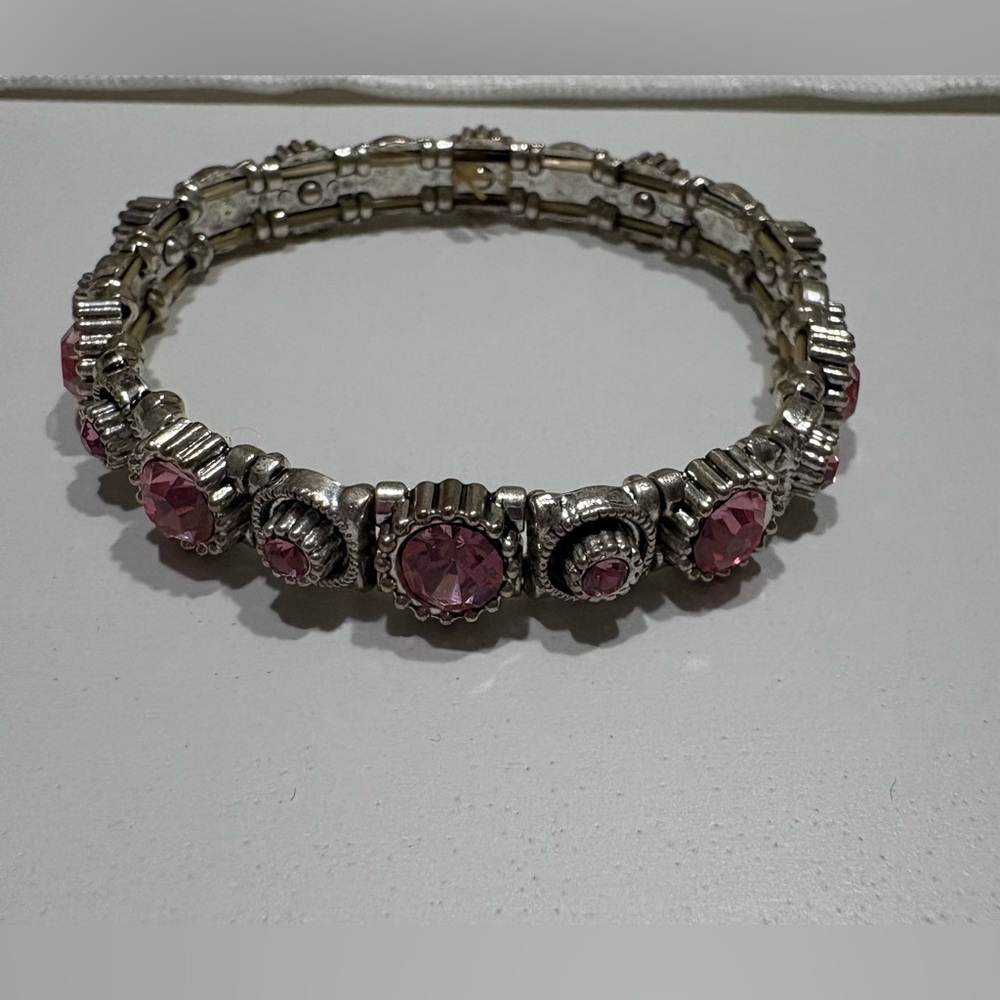 Silver-Tone Pink Crystal Stretch Bracelet